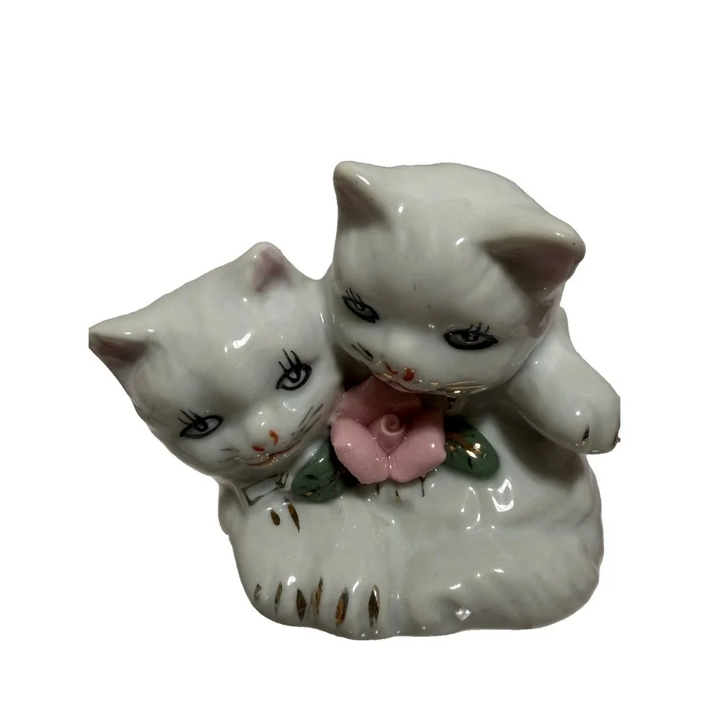Vintage White Kittens Cuddling with Hand Painted Face‎ and Gold Trim Accents